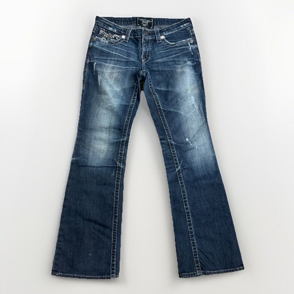 Big Star Liv Bootcut Jeans Women's 28R Dark Wash Low Rise Thick Stitch Y2K READ
